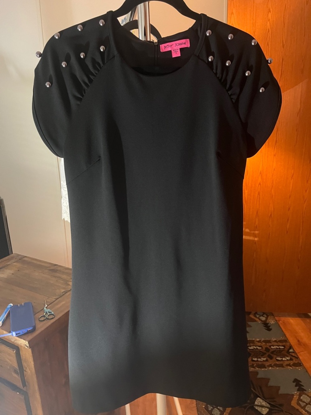 Betsey Johnson Black Puff Sleeve Dress with Silver Studs